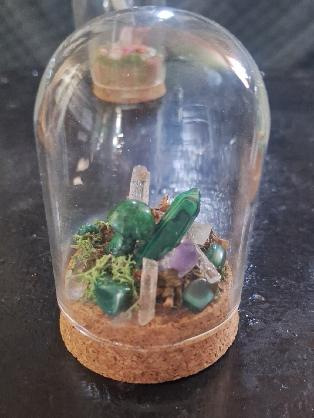 Mini Glass Dome Terrarium with Quartz  Malachite Mushroom and Amethyst Crystals